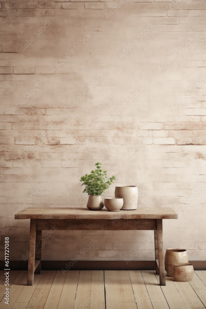 Poster a simple wooden table with three pots placed on top. this image can be used to showcase a rustic or 