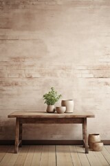 A simple wooden table with three pots placed on top. This image can be used to showcase a rustic or farmhouse-style setting. - obrazy, fototapety, plakaty