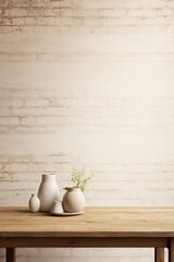 Fototapeta na wymiar Three white vases sitting on top of a wooden table. Suitable for home decor or floral arrangements.