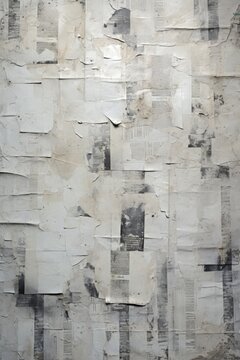 A wall covered in torn newspaper pages. This image can be used to depict news, media, information overload, or collage art.