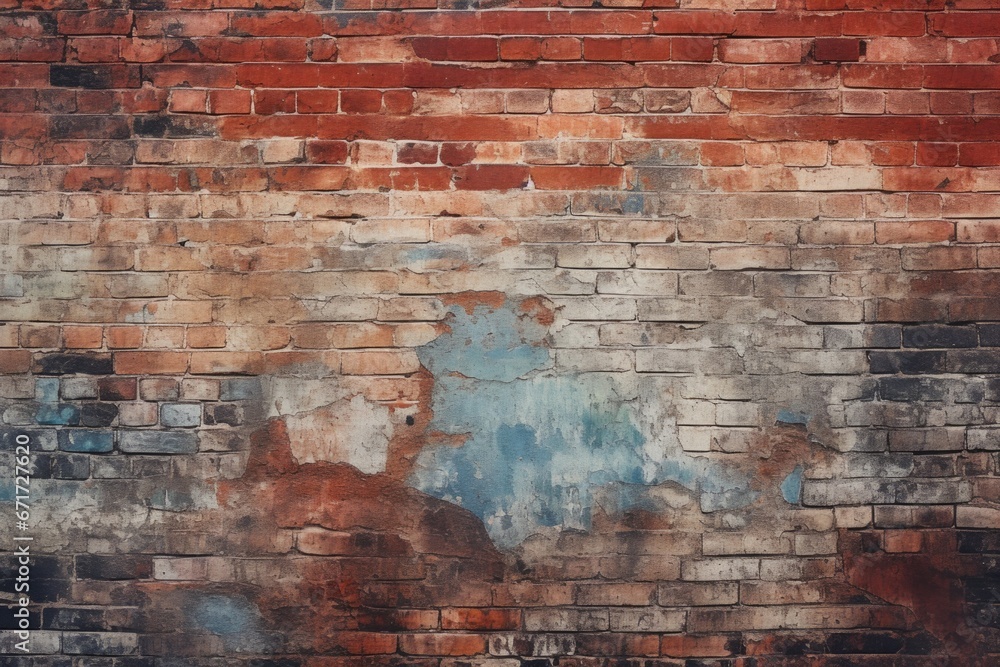 Poster an image of an old brick wall with peeling paint. this picture can be used to represent decay, aging