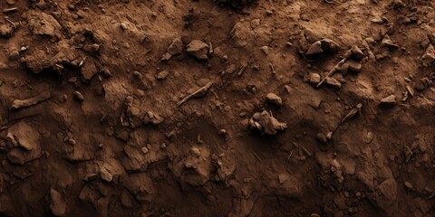 A close-up view of a dirt surface with scattered bones. This image can be used to depict archaeological discoveries, forensic investigations, or Halloween-themed designs.
