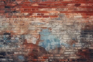 An image of an old brick wall with peeling paint. This picture can be used to represent decay, aging, or urban grunge. It can also be used as a background for text or graphic elements.