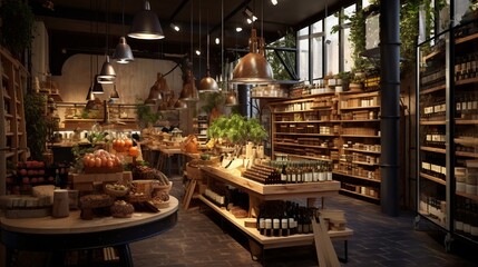 An artisanal food shop resplendent in earthy tones, shelving curated cheeses, wines, and an...