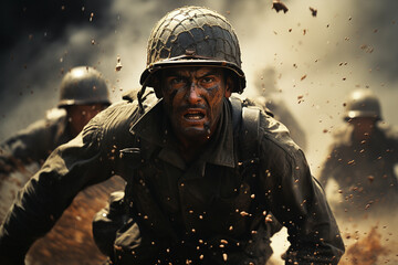 Action battle army soldier. Great explosion with fire and smoke billows. AI generative