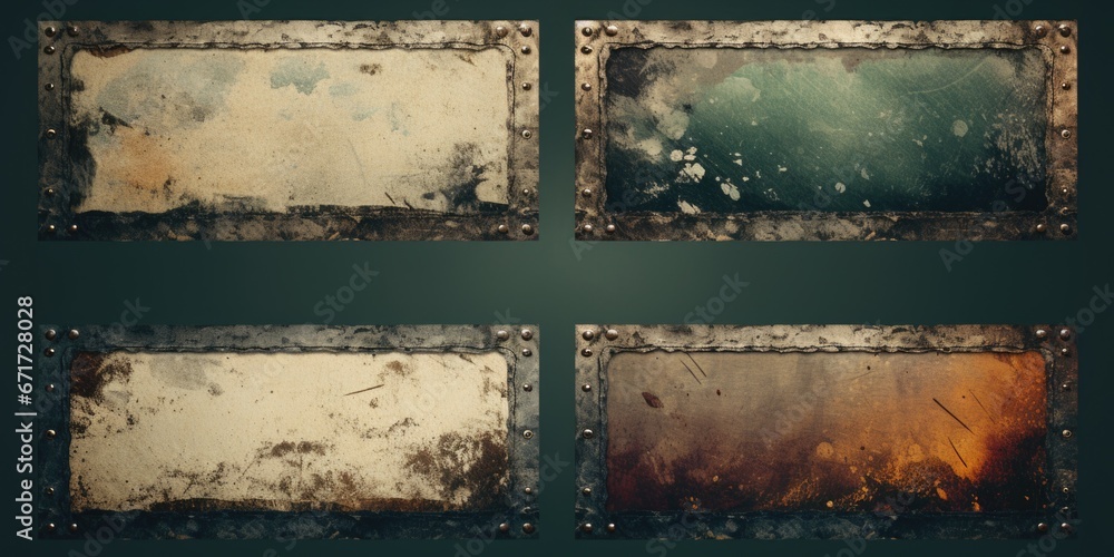 Poster a set of four rusty metal plates with visible rivets. perfect for industrial or grunge-themed design