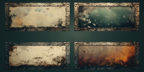 A set of four rusty metal plates with visible rivets. Perfect for industrial or grunge-themed designs.