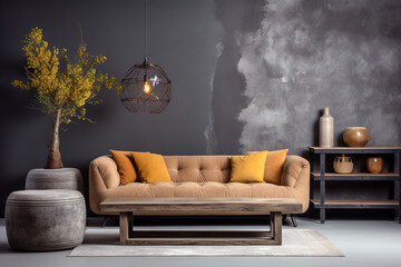 Loft style interior, sofa, concrete wall texture. 

