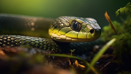 Fototapeta premium Photo of Close Up of a Slithering Grass Snake on the Forest Floor