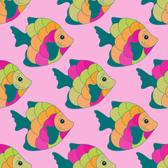 Doodle coral reef fish endless pattern illustration. Aquatic creatures swimming. Summer