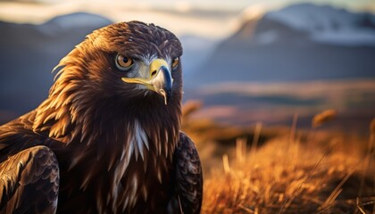 Photo of Large Golden Eagle of Prey Standing Majestically in a Vast, Open Field