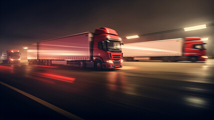 Trucks in a transport company on the move long exposure. at night. Generative AI