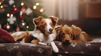 Two dogs laying near christmas tree, on the sofa. Generative AI
