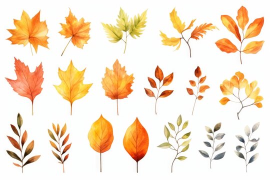 A collection of various colored leaves arranged on a clean white background. This versatile image can be used for a variety of projects and designs.