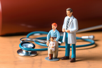 mini figure doctor and his patient on stethoscope - obrazy, fototapety, plakaty