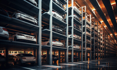 Parking cars deck levels and rows in high building in the city