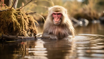 Photo of a Playful Japanese Macaque Enjoying a Refreshing Dip in the Aquatic Oasis