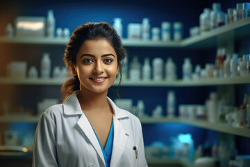 Smiling pharmacist standing in drug store