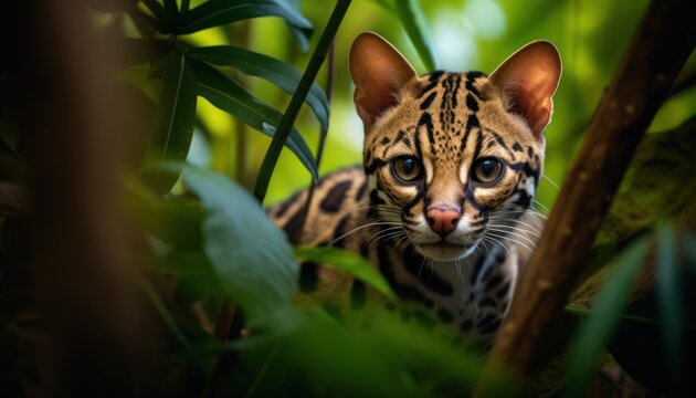 Photo of Close-Up of a Curious Margay Cat perched high in a Tree