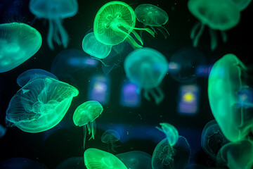 A colony of glowing blue-green jellyfish in an aquarium.
