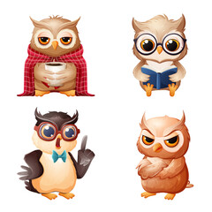 Vector set of very cute owls. Cartoon illustrations in different poses and different emotions