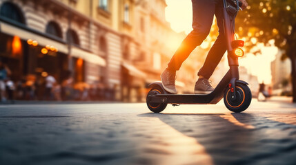 Riding electric scooter on blurred motion city street at sunset - obrazy, fototapety, plakaty