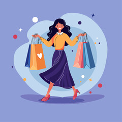 Girl shopping, flat vector illustration. Happy woman with packages.