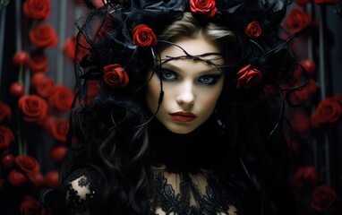 Young goth vampire woman, beautiful goddess, evil queen of pain, witch, vampire, bride of Dracula. Halloween outfit, masquerade, mysticism and witchcraft cosplay