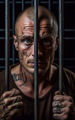 A man prisoner holding onto the bars of a cell