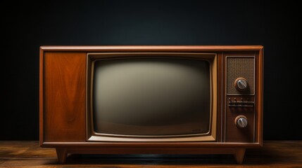 An antique vintage television set isolated against a dark background, displaying no signal and featuring grainy noise, evoking a nostalgic and retro ambiance