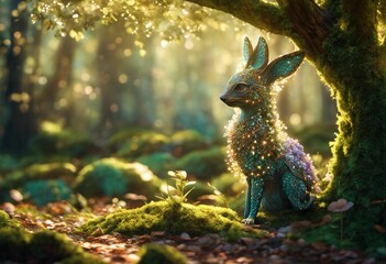 AI generated illustration of a fantasy animal with glowing light in an enchanted lush green forest - obrazy, fototapety, plakaty