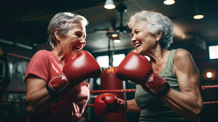 Two fit senior women boxing in gym,happy two senior women boxing at the gym. - obrazy, fototapety, plakaty