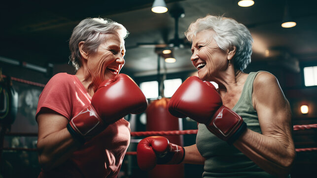 Two fit senior women boxing in gym,happy two senior women boxing at the gym.