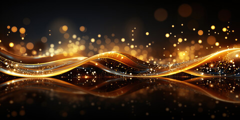 golden wave with sparkling particles on a black background - obrazy, fototapety, plakaty