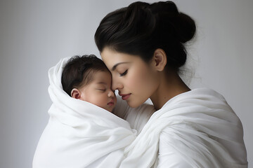 happy mother hugs her baby, neutral gray background