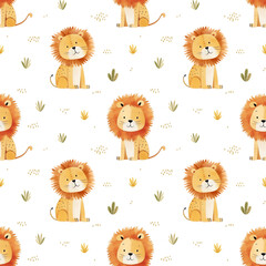 Obraz premium Watercolor seamless pattern with cute lionsand foliage elements isolated on white background.