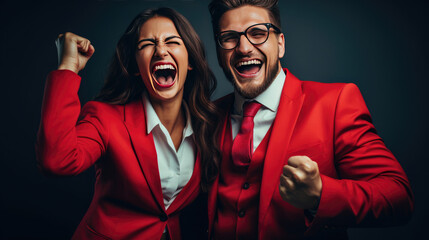 woman businessmen in business red suits, joy in a successful deal