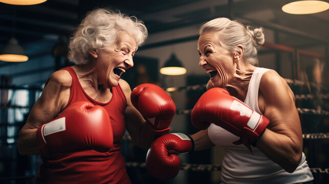 Two fit senior women boxing in gym,happy two senior women boxing at the gym.