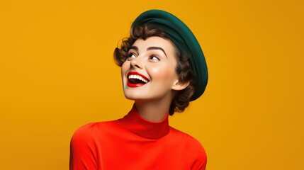 Beautiful woman wearing fashion beret cap looking happy