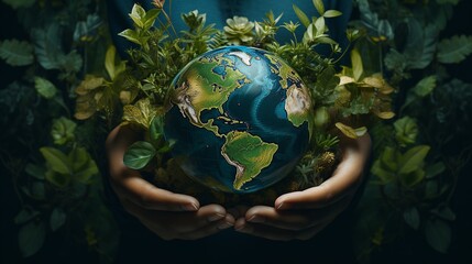 A dynamic visual portrayal showing hands grasping a sphere with prolific vegetation, representing the requirement for worldwide sustainability initiatives. - obrazy, fototapety, plakaty