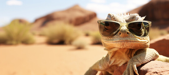 Iguana wearing sunglasses in nature desert with chill mode. Concept of animal posing, reptile, lizard