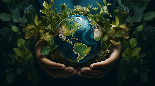 A Dynamic Visual Portrayal Showing Hands Grasping A Sphere With Prolific Vegetation, Representing The Requirement For Worldwide Sustainability Initiatives.