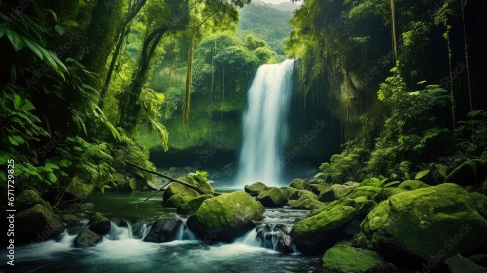 Poster a painting of a waterfall in the middle of a forest with mossy rocks and a stream running through it