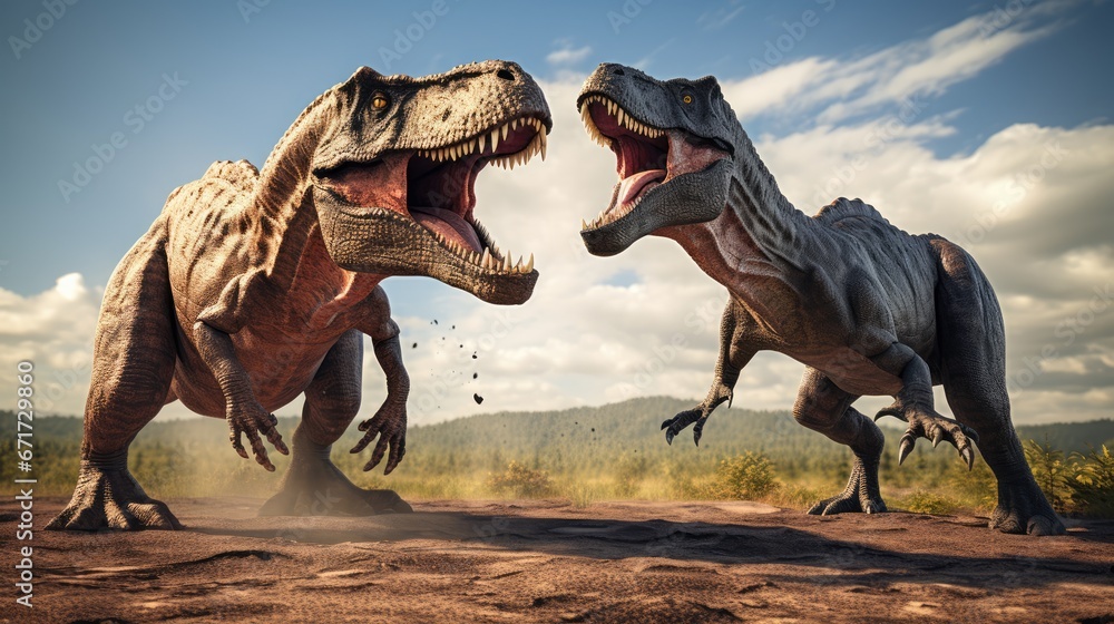Poster a couple of dinosaurs fighting over each other on a dirt field with trees in the background and clou