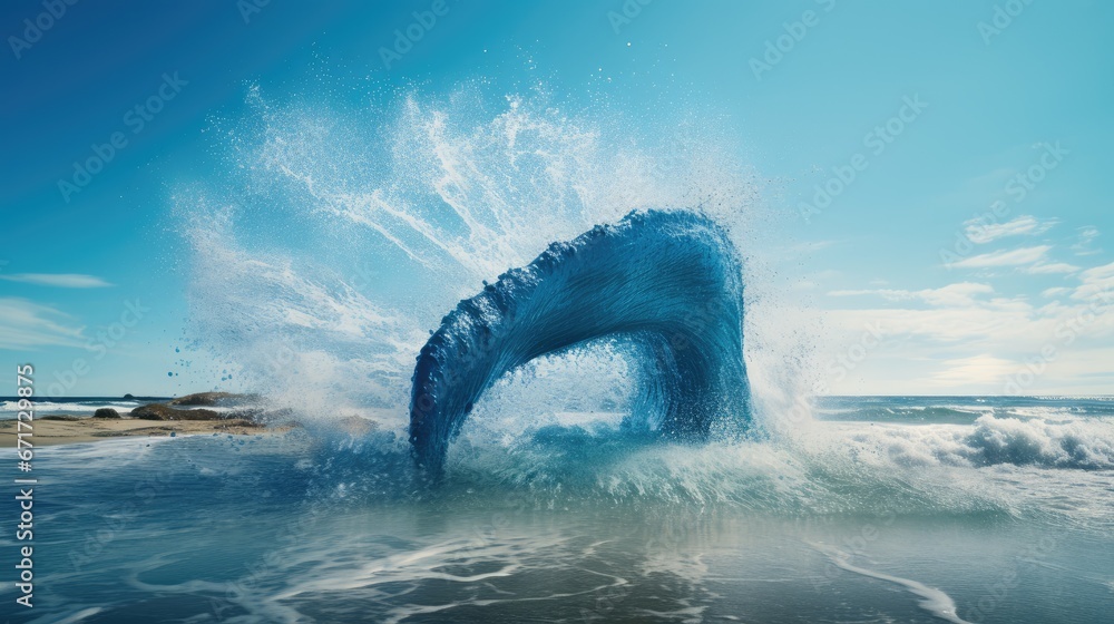 Poster a large blue wave splashing into the ocean on a sunny day with a blue sky and some clouds in the bac
