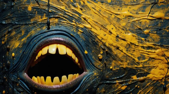  a close up of an animal's mouth with it's mouth open and yellow paint all over it.  generative ai
