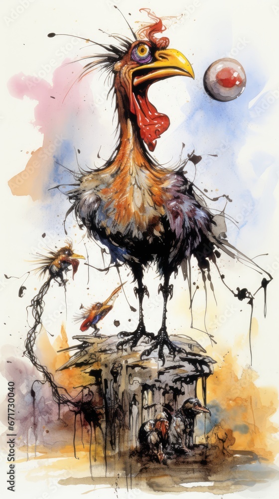 Poster a painting of a bird standing on top of a building with a ball in it's beak and another bird sitting