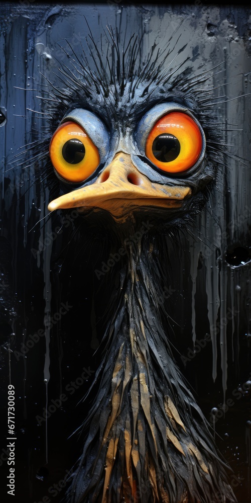 Poster a close up of an ostrich's face on a black background with drops of water on it. generative ai