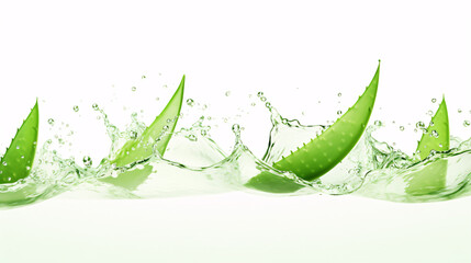 A composition of aloe vera pieces hovering above a white surface - ideal as a concept for skincare.