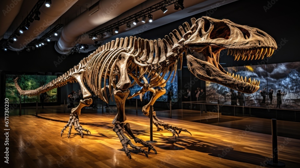 Poster a large dinosaur skeleton in a museum with a wooden floor and two people in the background looking a